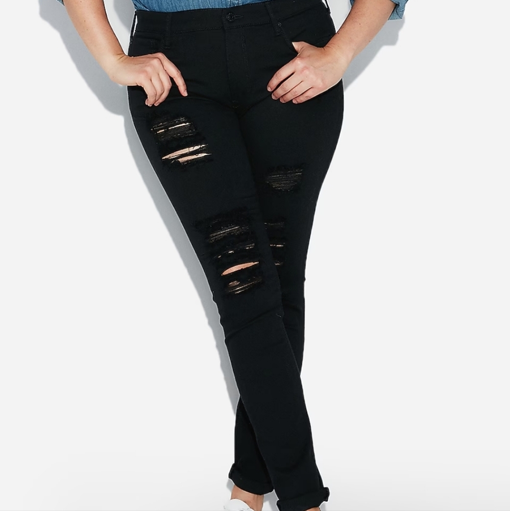 Express Petite Black Mid Rise Distressed Skinny Jean Leggings
